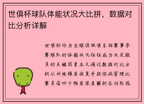 世俱杯球队体能状况大比拼，数据对比分析详解