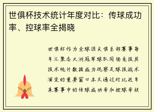 世俱杯技术统计年度对比：传球成功率、控球率全揭晓